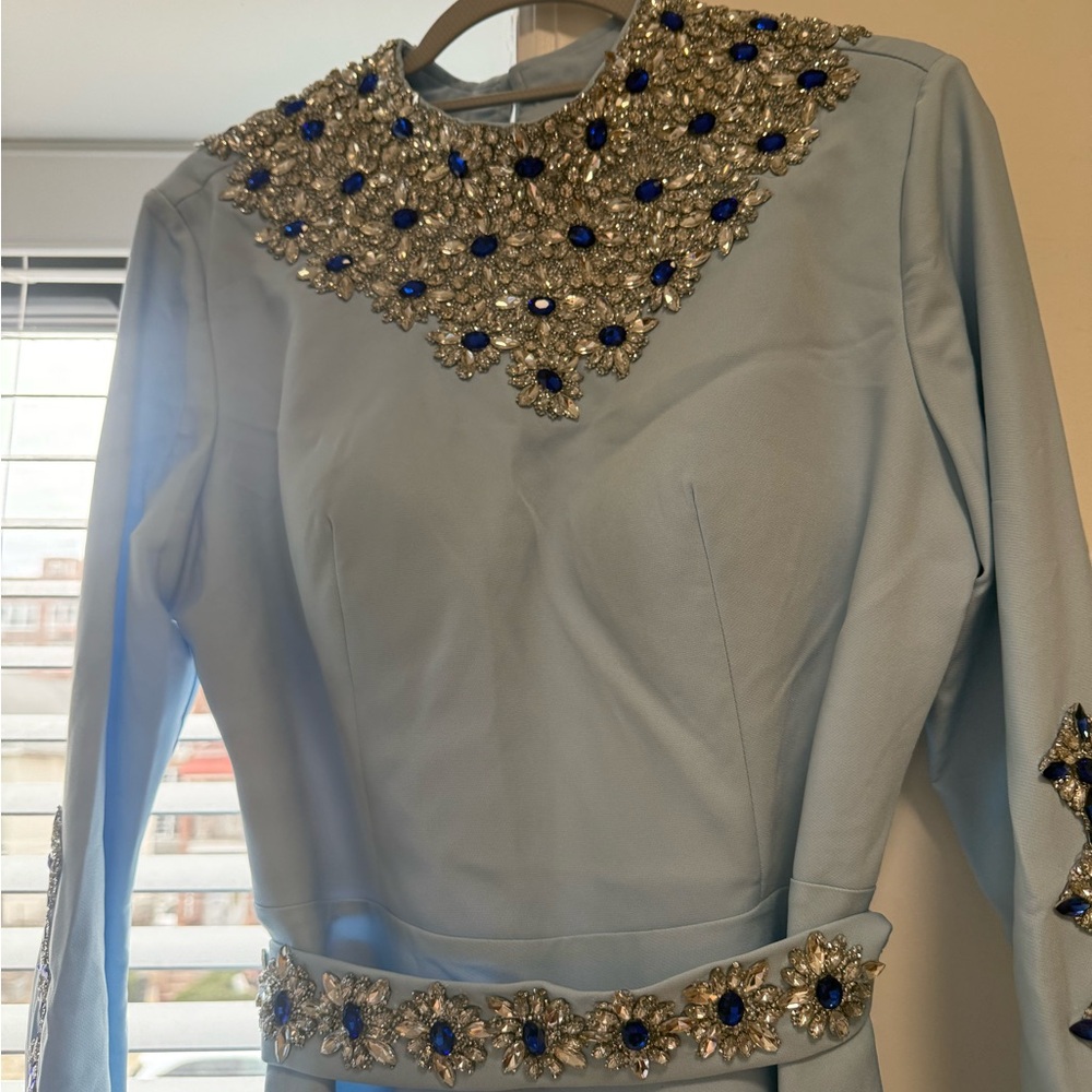 Elegant Blue Modest Abaya Embellished Dress